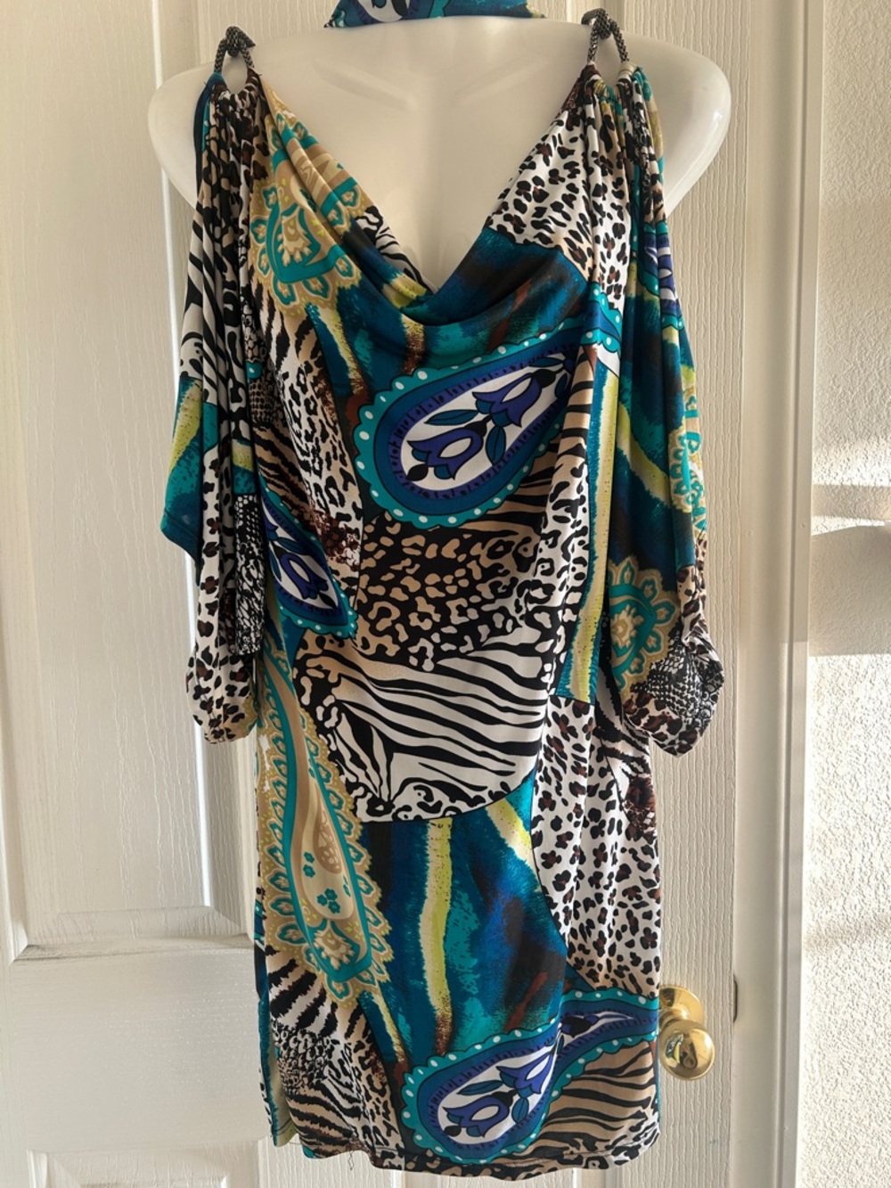 Printed Cold-Shoulder Tunic Dress in Teal & Black